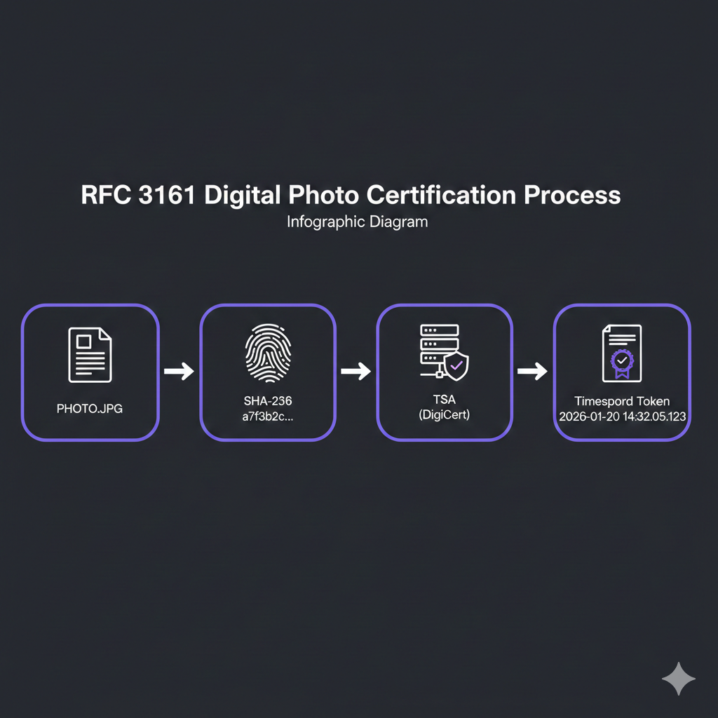 Schéma du processus de certification RFC 3161 : Photo → Hash SHA-256 → TSA DigiCert → Jeton horodaté